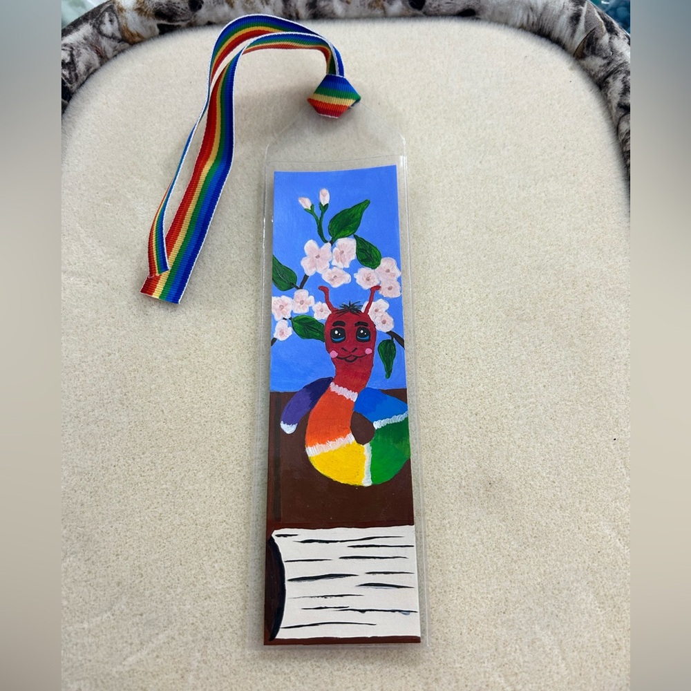 Hand Crafted painted Bookworm bookmark